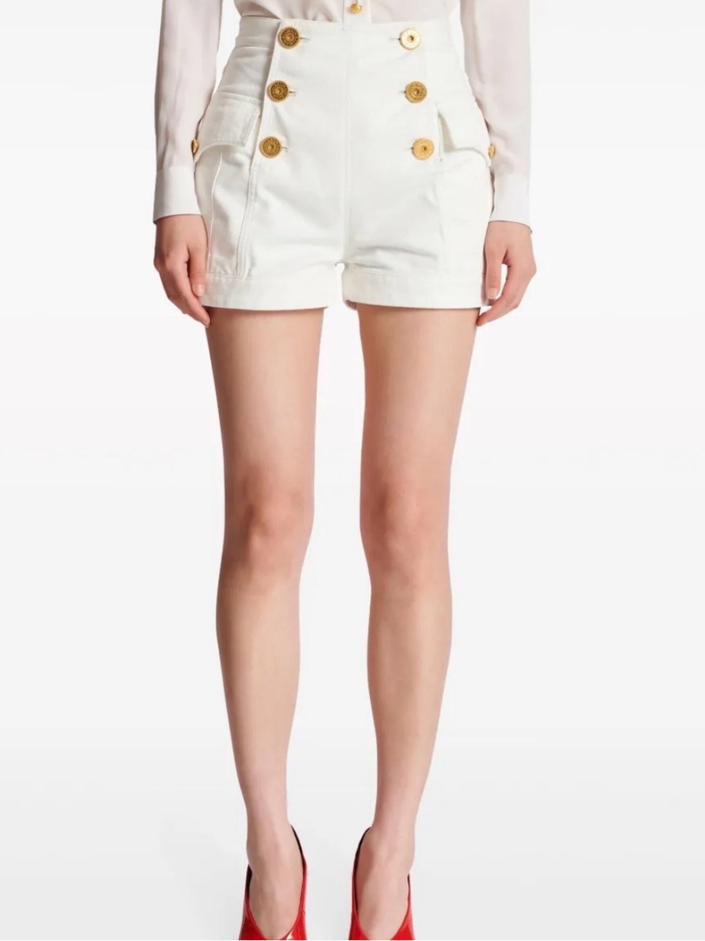 Balmain White High-Waist Sailor Shorts with Gold Buttons on Sale!